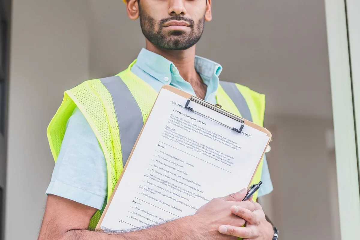 Maintenance supervisor in a hard hat and hi-vis vest working through an inspection checklist indoors